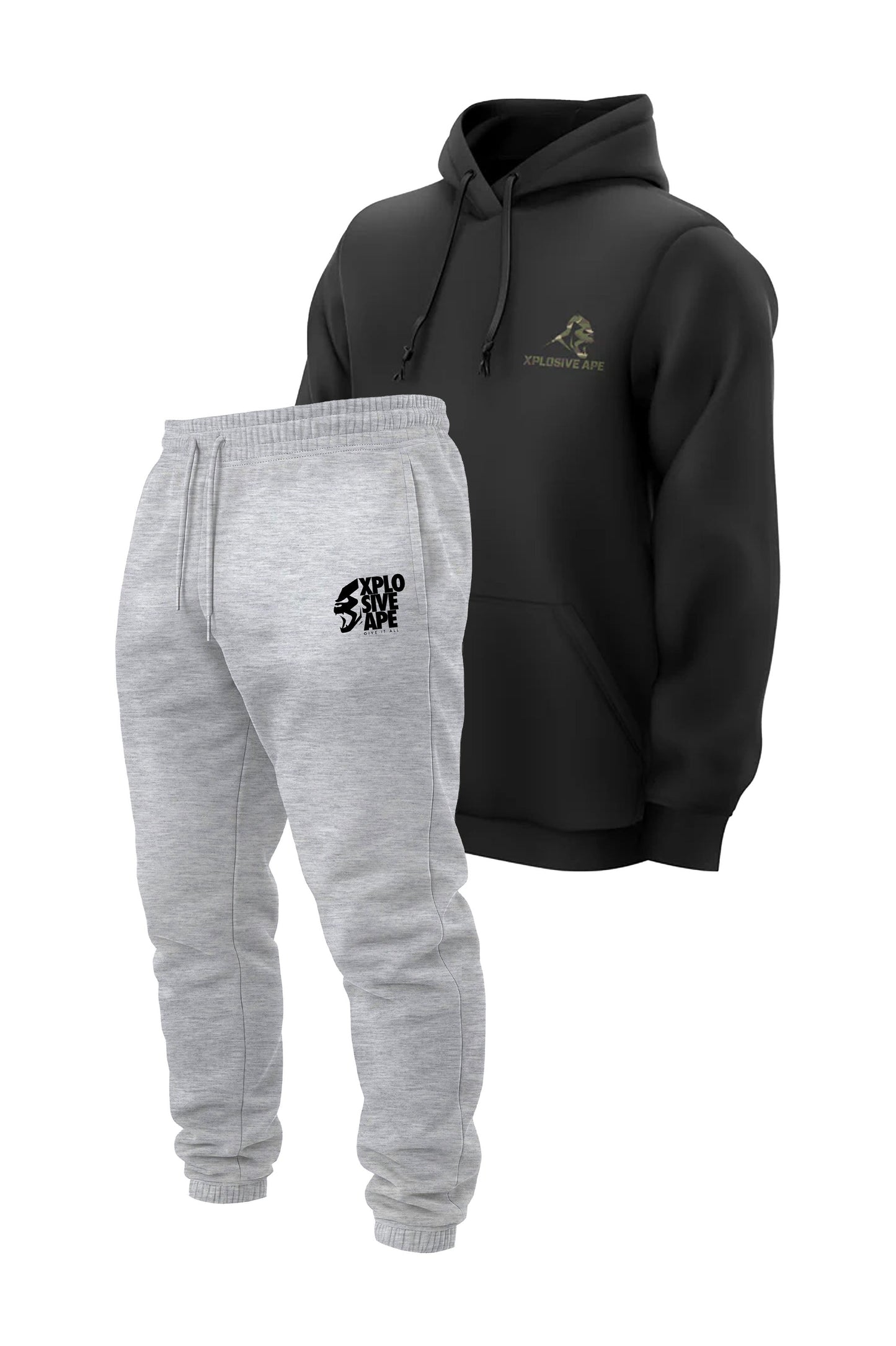 XAPE Essential Camo String Hoodie & Ultimate Ape V2 Joggers - Black/Heather Grey
