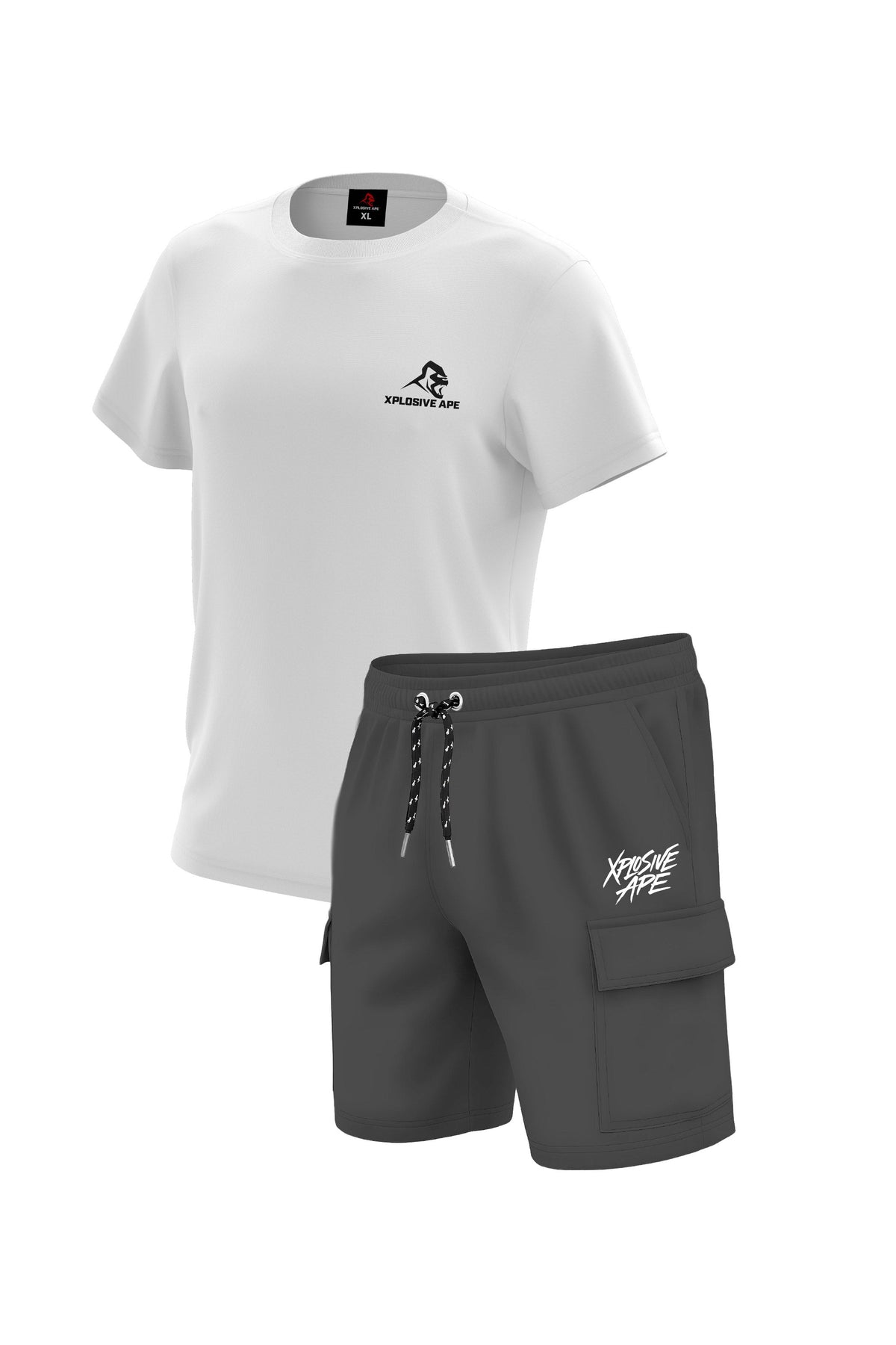 XAPE Essential Tee & Classic Brush Script Cargo Shorts Combo - White/Dark Grey