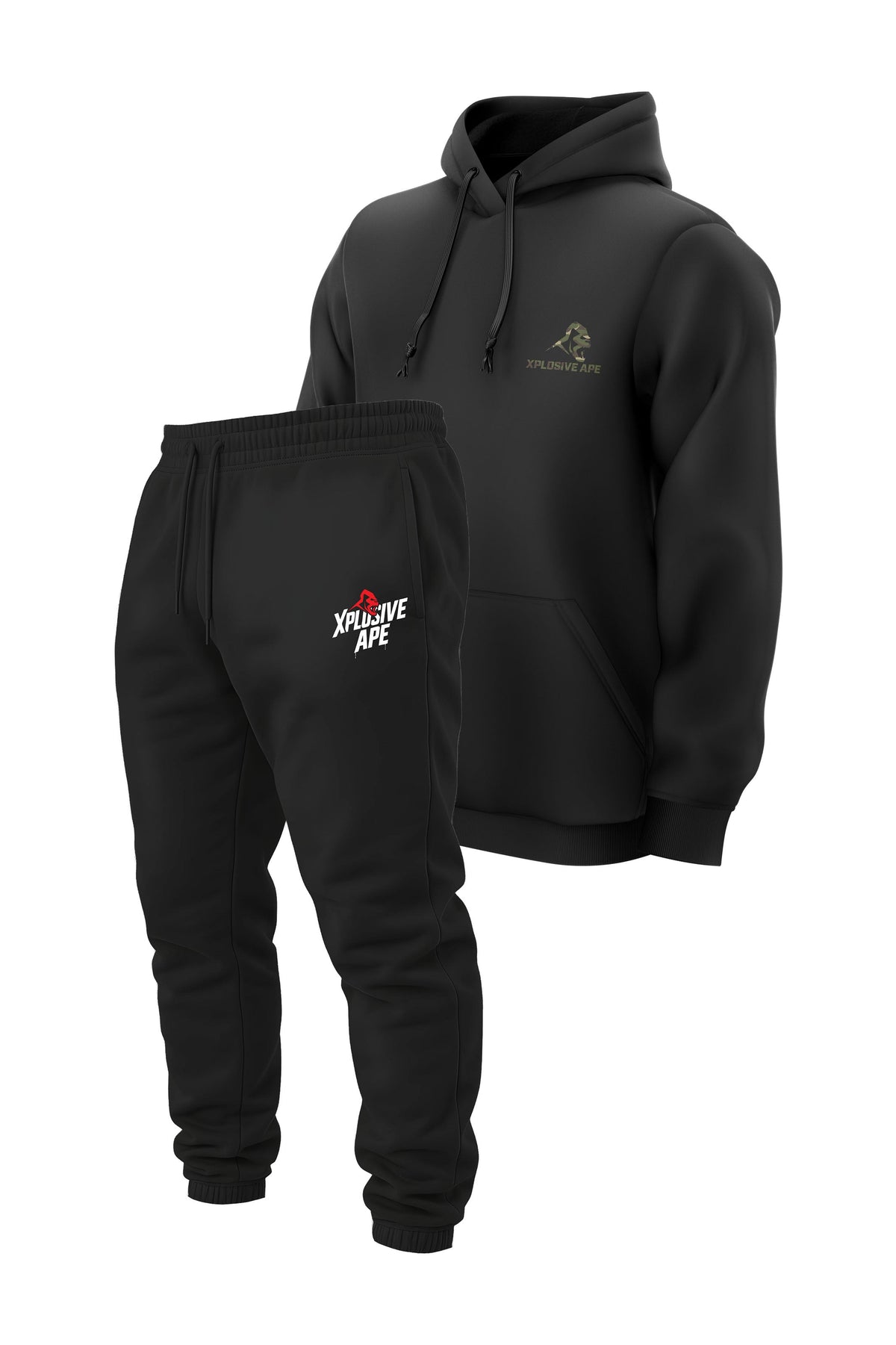 XAPE Essential Camo String Hoodie & Classic Stencil Logo Joggers Combo - Black