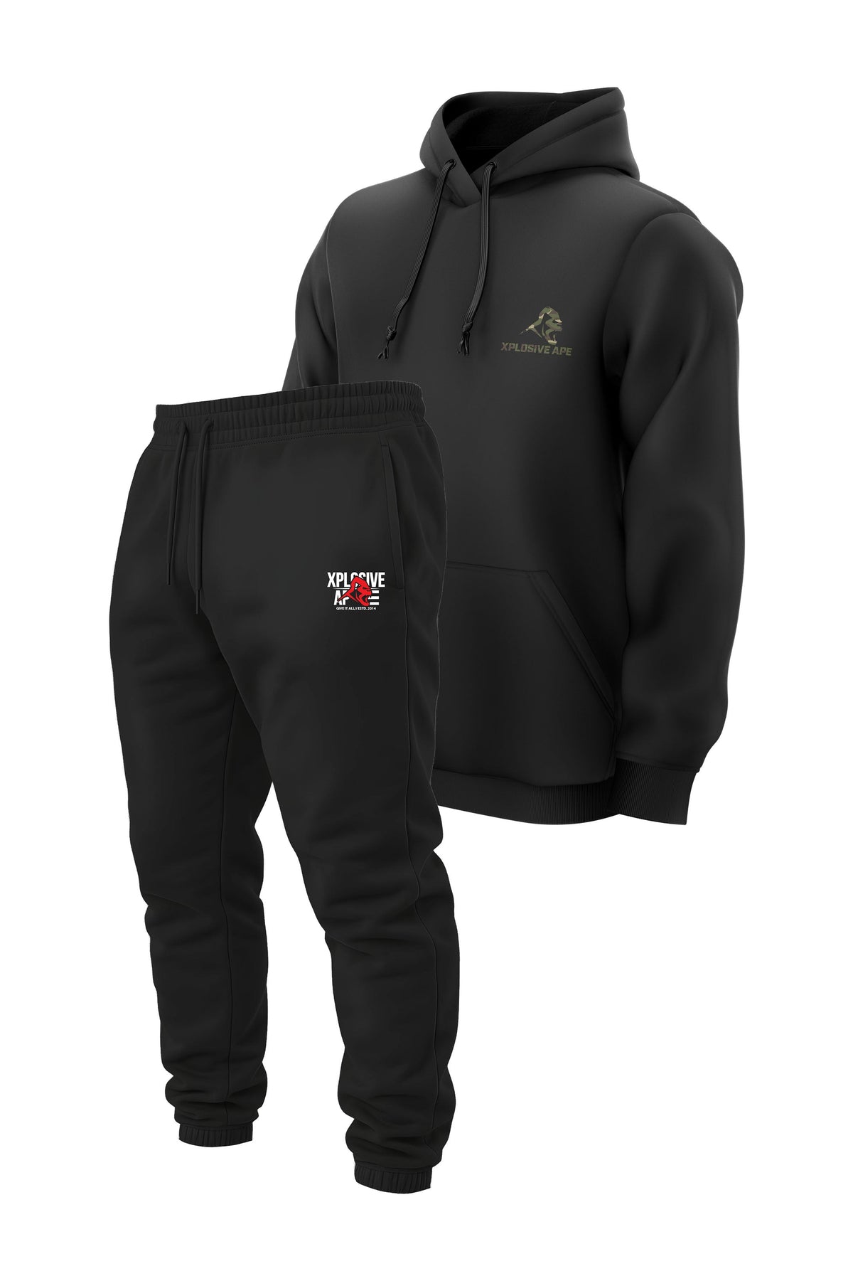 XAPE Essential Camo String Hoodie & Stacked Logo Joggers Combo - Black