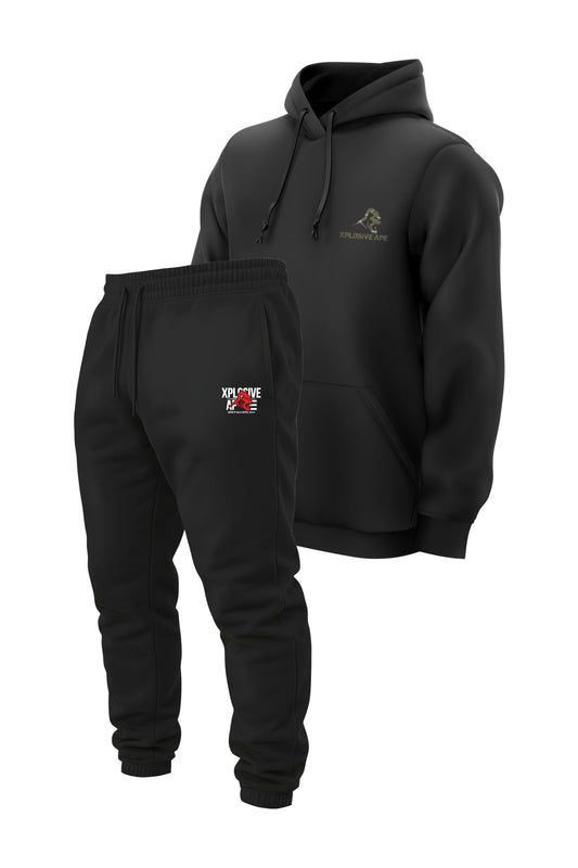 XAPE Essential Camo String Hoodie & Stacked Logo Joggers Combo - Black