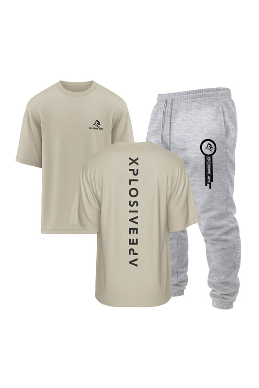 XAPE Futuristic V2 Oversized Tee & Panelled V2 Joggers Combo - Sand/Ash Grey