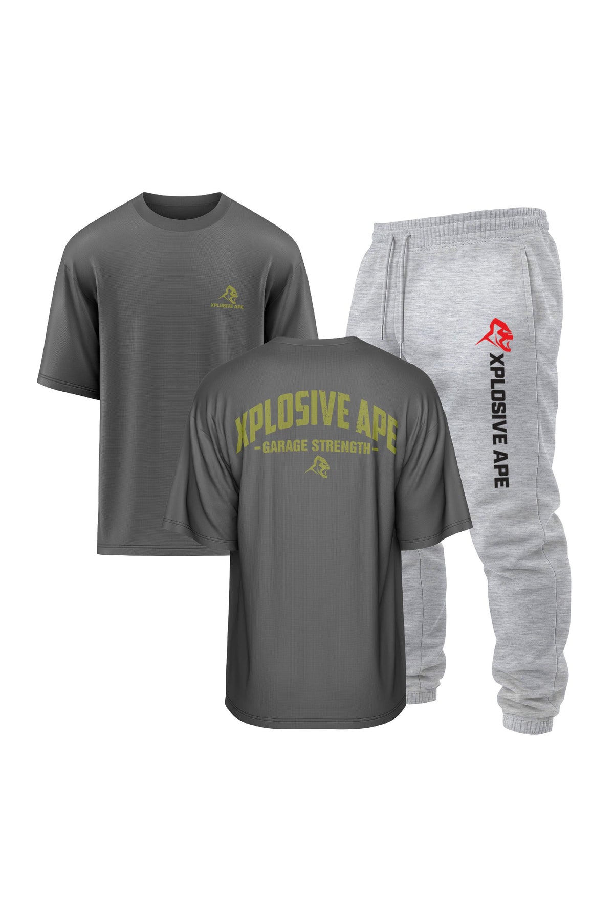 XAPE Garage Strength V2 Oversized Tee & Originals V2 Joggers Combo - Charcoal/Ash Grey