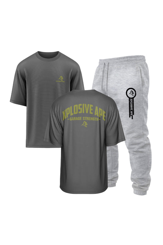 XAPE Garage Strength V2 Oversized Tee & Panelled V2 Joggers Combo - Charcoal/Ash Grey