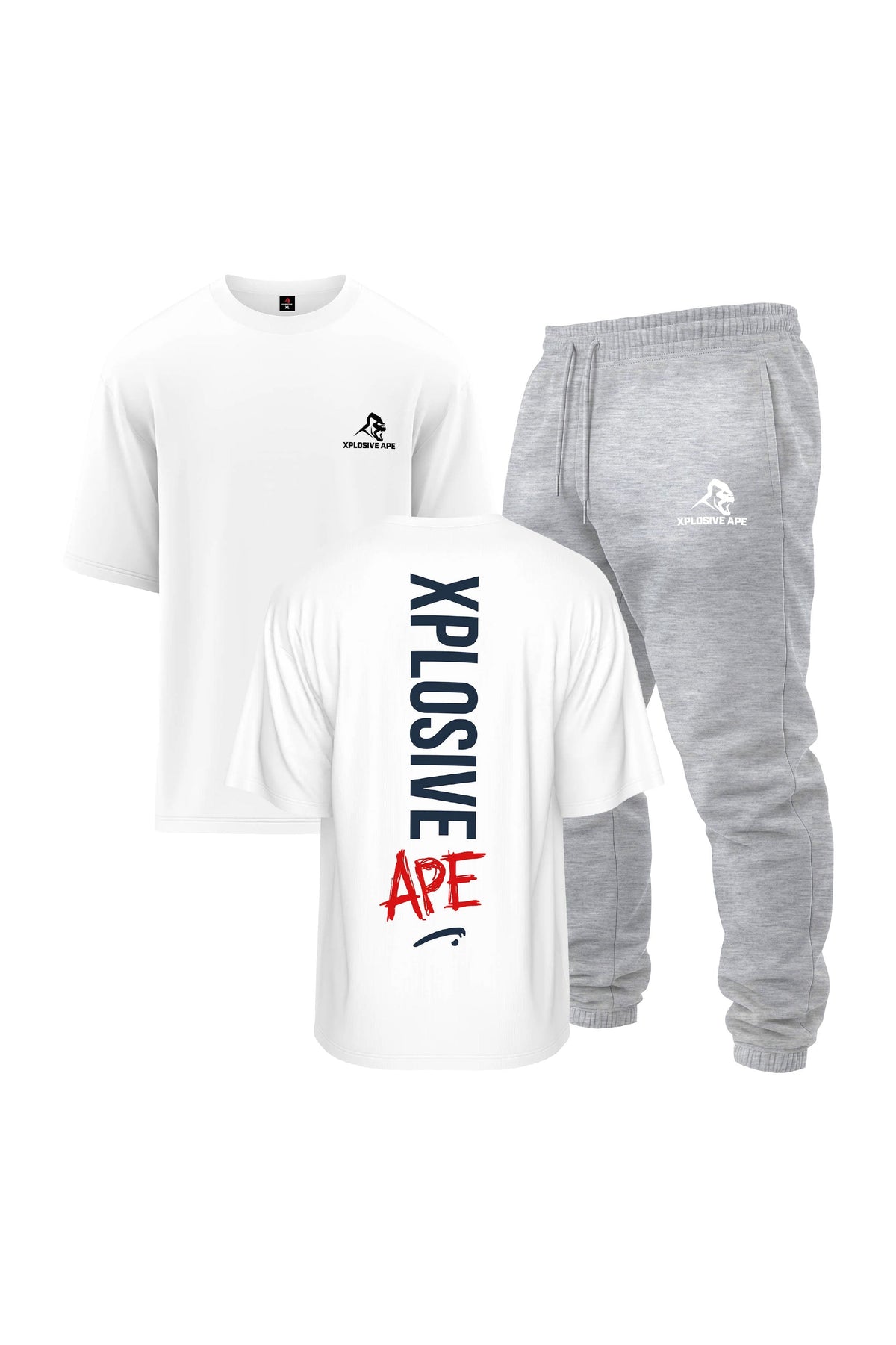 XAPE Graffiti V2 Oversized Tee & Classic Logo Joggers Combo - White/Ash Grey