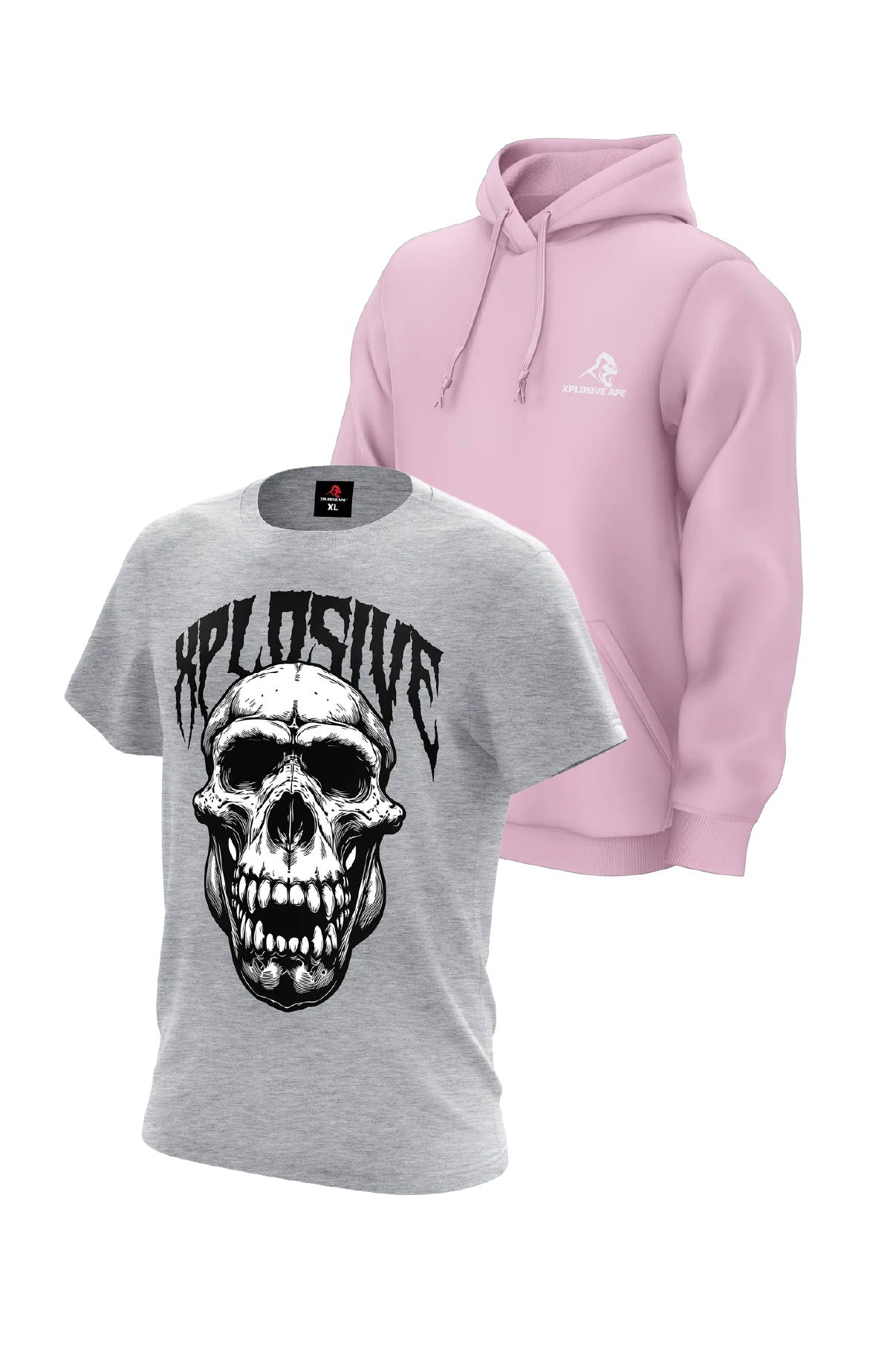 XAPE Prime Hoodie & Skull V1 Tee Combo - Light Pink/Sports Grey