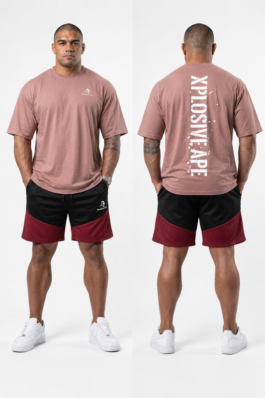 XAPE Smackdown OS Tee & Rogue Combat Shorts Combo - Dusty Pink/Red