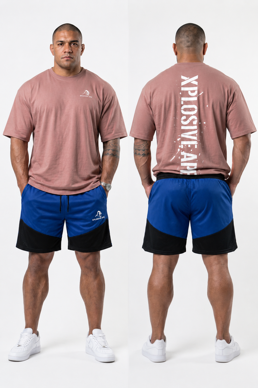 XAPE Smackdown OS Tee & Rogue Combat Shorts Combo - Dusty Pink/Blue